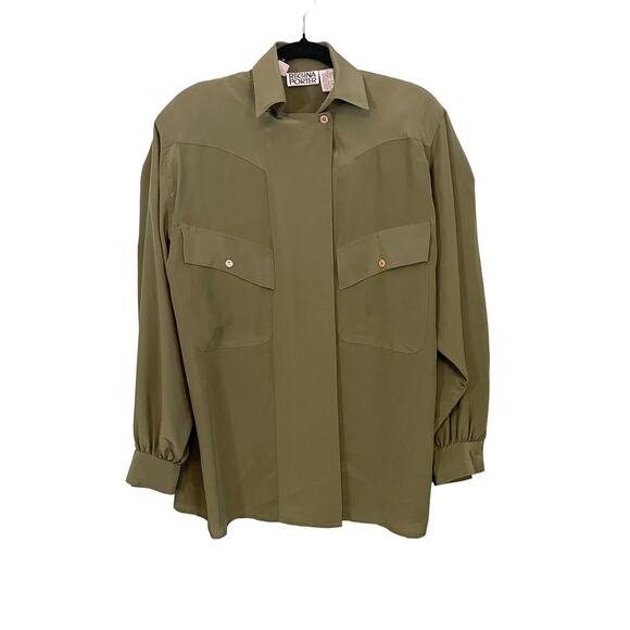 VINTAGE Regina Porter Shirt Womens 4 Green Collared Long Sleeve Concealed Button - Picture 1 of 9
